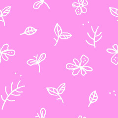 Fototapeta na wymiar Seamless pattern with flowers, leaves, branches on pink background