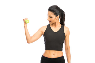 Healthy Indian woman with dumbbells working out on white background. fitness gym concept