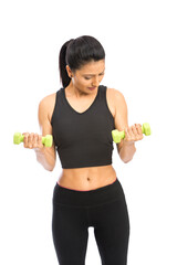 Healthy Indian woman with dumbbells working out on white background. fitness gym concept