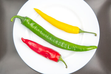 yellow, red and green hot chili on a plate. Pepper. Vegetable vitamin food.
