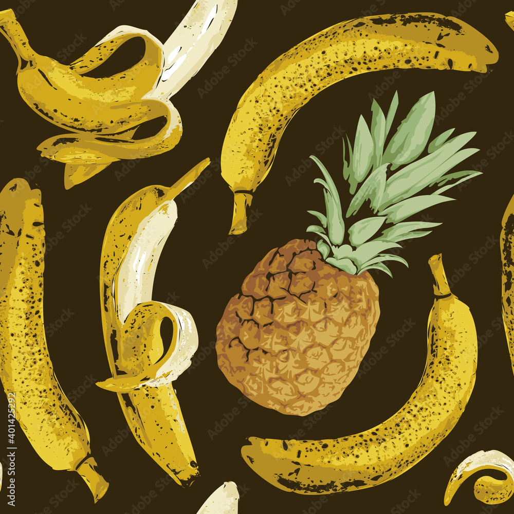 Poster seamless pattern with ripe bananas and pineapple on the black backdrop. vector background with tasty