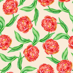 Watercolor seamless pattern with red roses and leaves. Hand drawn flowers on trendy beige background. Floral texture for textile, fabrics, wallpaper, wrapping, scrapbooking, cards