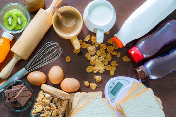 Breakfast served with coffee, orange juice, croissants, cereals and fruits. Balanced diet.