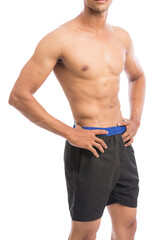 Fototapeta premium healthy athletic young man showing muscle isolated on white.