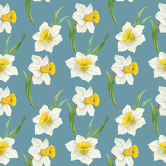 Hand painted watercolor seamless pattern Narcissus blossom