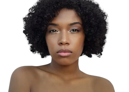 Beauty portrait of an elegant African American woman with beautiful curly hair, radiant healthy clear skin on white background, isolated 