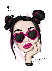 Beautiful girl with glasses in the shape of hearts. Valentine's Day and love. Vector illusion for a postcard or poster, print on clothes. Fashion and style, accessories.

