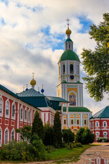 Fototapeta na wymiar Bell tower of Sanaksar monastery of the Nativity of the Mother of God in Temnikov, Republic Mordovia, Russia