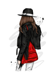 Beautiful girl in a stylish leather jacket and hat. Fashion and style, clothing and accessories. Vector illustration.