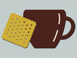 Vector illustration-brown coffee mug and square cracker isolated close-up