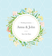 Floral Wedding invitation design with different herbs plants and flowers in circle and text vector template
