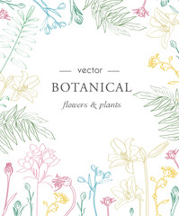 Simple card with beautiful vector line plants leaves and flowers