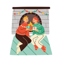 Cheerful Christmas scene of a happy couple exchanging gifts by a fireplace. Vector illustration for winter holidays in modern cartoon style. Elements are isolated.