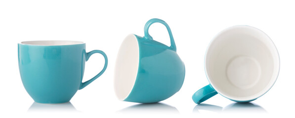 Teal color tea cup on white background
