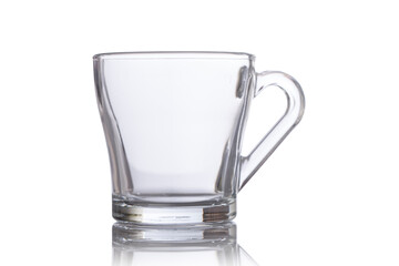 Empty glass tea cups arranged on white background