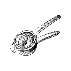 Hand drawn sketch of lemon squeezer on a white background. Black and white sketch of Squeezer. Bar inventory