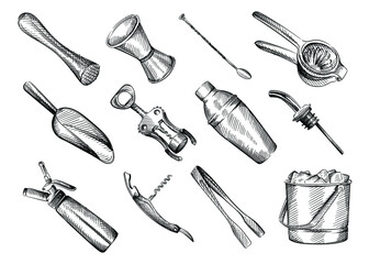 Hand drawn Black and white sketch set of Bar inventory. Muddler; jigger; measuring cup; bar spoon; squeezer; ice tongs; corkscrew; scoop; cream dispenser; ice bucket; shaker; Bar geyser, dispenser