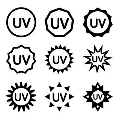 UV sterilization stamp. UV light disinfection or protection badges. Set of ultraviolet sterilization icons. Ultraviolet germicidal irradiation. Surface cleaning, medical decontamination procedure