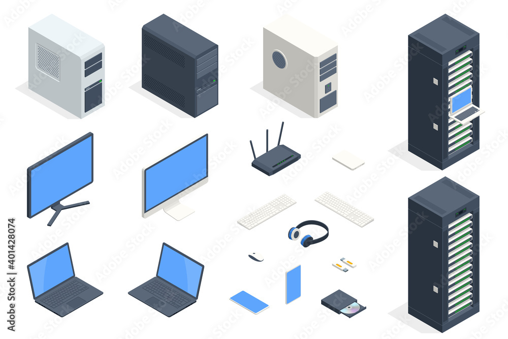 Poster isometric data center and network elements. server room data center. big modern data center, server 