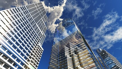 Fototapeta premium Skyscrapers against the sky, high-rise buildings against a light sky, cityscape with skyscrapers, 3D rendering