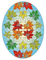 illustration in stained glass style with chestnut leaves on a blue background, oval image