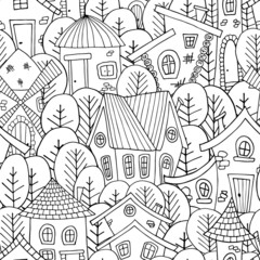 Outline country houses and trees seamless pattern. Vector illustration.