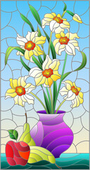 Illustration in stained glass style with floral still life, vase with a bouquet of daffodils and fruit on a blue background