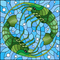 Illustration in stained glass style with a pair of shrimps on a background of water and air bubbles, rectangular image