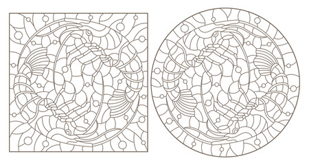 Fototapeta na wymiar Set of contour illustrations in stained glass style with shrimps on a background of water and air bubbles, dark contours on a white background