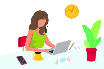 Young woman, student or freelancer working in a home office. Home office concept. Cute vector illustration in flat style isolated on white background. Online study, education