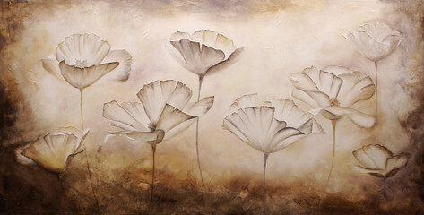 Painting poppies pastel color with texture in canvas - 401429610