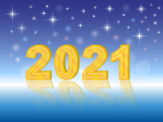 On a blue background, the golden numbers of the New Year, around which the stars shine. Reflection of numbers on the mirror ice surface.