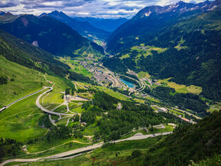Fototapeta na wymiar Serpentine mountain roads in Switzerland. Top view