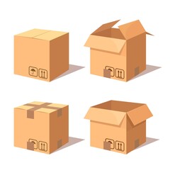 Set of 3d isometric carton, cardboard box. Transportation package in store, distibution