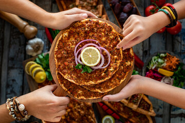 Traditional Turkish food, lahmacun and kiymali and kusbasili pide