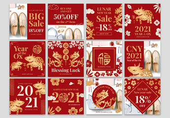Chinese Lunar New Year Social Media Sale Banner Layout with Ox Dragon and Flowers