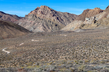Titus Canyon Road winds through the desert in Death Valley National Park, California, USA