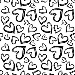 Textured abstract black and white heart seamless pattern. Romantic monochrome girlish design for wrapping paper, textile design, backgrounds and backdrops.