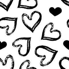 Textured abstract black and white heart seamless pattern. Romantic monochrome girlish design for wrapping paper, textile design, backgrounds and backdrops.