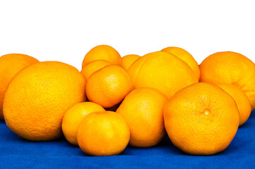 Isolated orange citruses fruits on white background. Oranges, mandarines and tangerines on blue tablecloth