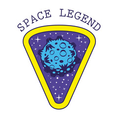 badge with one blue asteroid in it and space leyend lettering