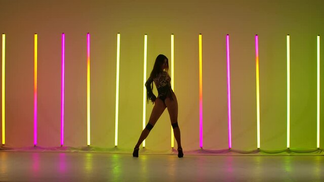 Passionate dance of a girl in a sexy bodysuit in the studio against a background of multicolored neon lights. Longlegged beautiful girl erotically moves her hips and bends. Close up.