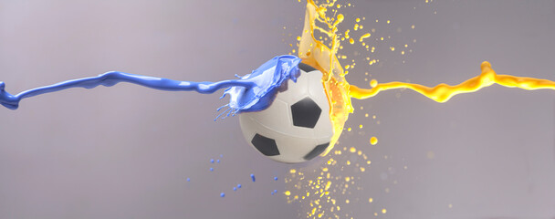 Soccer ball with yellow and blue paint splashes