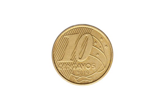 Brazilian "10 centavos de Real" 2019 coin on white background - high magnification