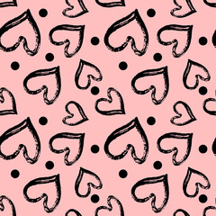Textured abstract heart seamless pattern in pink and black colors. Romantic girlish design for wrapping paper, textile design, backgrounds and backdrops.