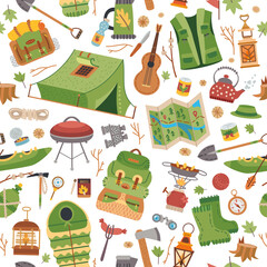 Camping equipment pattern. Vector seamless background with autumn hiking forest elements. Tourist theme.