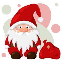 Santa claus with a red bag of gifts. New Year cartoon illustration. Flat design.