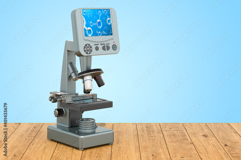 Poster digital microscope with screen on the wooden planks, 3d rendering