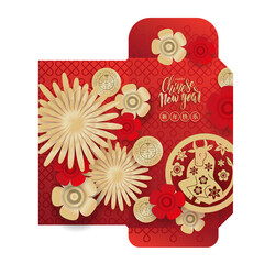 Chinese new year 2021 lucky red envelope money packet with gold paper cut oc silhouette, plum flowers, golden-daisy and umbrella on red color background. Translation - happy new year
