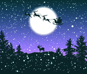 Obraz na płótnie Canvas illustration of a Christmas background, snowy night over the forest, and Santa-Claus flying in his sleigh